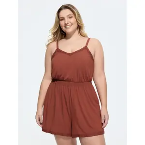 BloomChic Plus Size Casual Lounge Romper in Supersoft Rayon Spandex Fabric, Solid Sleeveless Design with a Smocked Waist and Lace Trim Fit Pocket