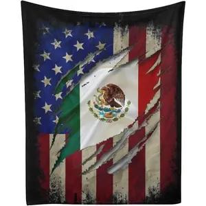 American Flag with Mexican Flag Throw Blanket Lightweight Flannel Fleece Blankets Warm and Cozy Throws for Winter Bedding and Couch 50"X60" Inches for Adults
