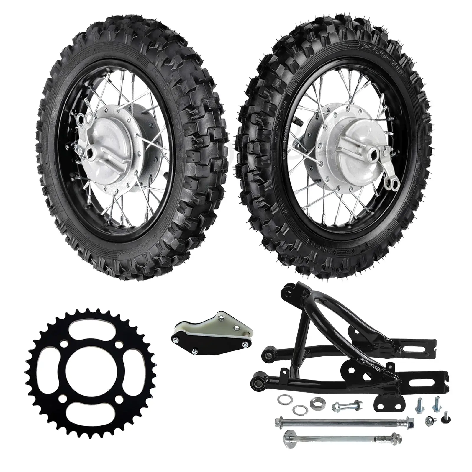 CRF50 XR50 2.50-10 Wheel Kit Front Rear Tire Rim with Rear Swing Arm Swingarm Chain Guard Sprocket for Drum Brake Pit Dirt Bike Scooter TTR50 PW50 SSR DRZ70 TTR50E BBR50 50cc 70cc 110cc
