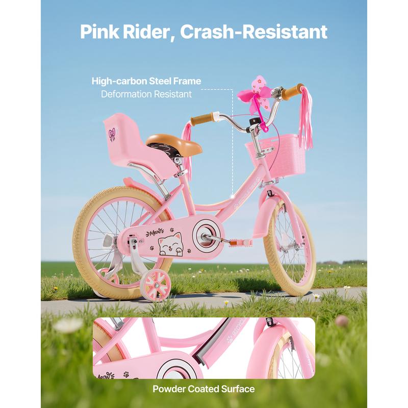 VEVOR Kids Bike,  16 Inches Princess Style Children Bicycle with Streamers & Basket, Rider Height 3.28 ft - 4.27 ft, Doll Seat & Training Wheels Included, Toddler Bike for Girls Learning to Ride, Pink