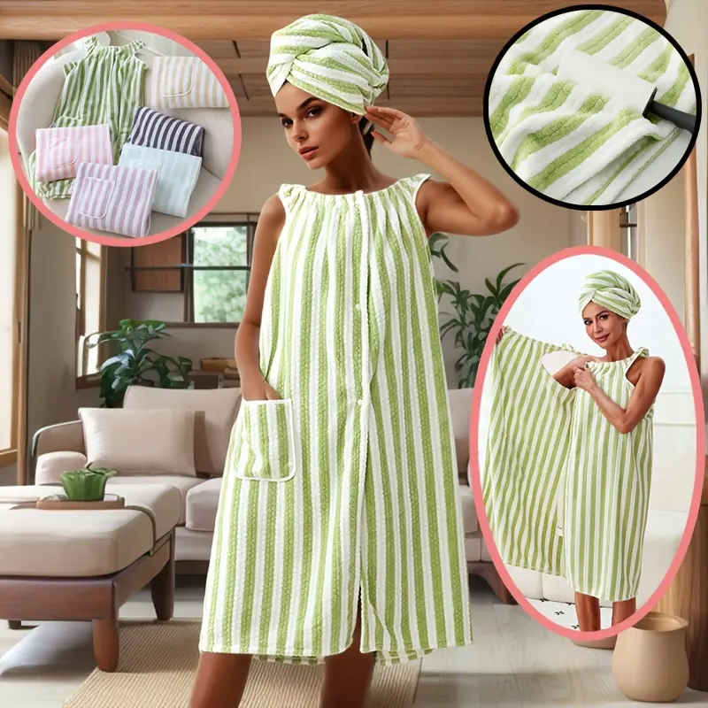 300g Green & White Geometric Striped Polyester Knit Fleece Wearable Towel Skirt, Water Absorbent, Quick-Dry, Soft, Luxurious, with Pockets, Ideal for Home & Travel, Knit Fabric, Contemporary, Skirt Shape, One-Piece