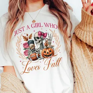 Fall Tee Skeleton Fall Tshirt Just a Girl who Loves Fall T-Shirt Pumpkin and Skull Fall Top Girly Skeleton Fall Tees Womens Fall Skeleton Top Just A Girl Who Loves Fall Pumpkin T-Shirt Casual Fall Top