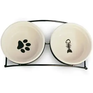 Double Ceramic Cat Dog Bowl Elevated Food and Water Bowls with Metal Stand