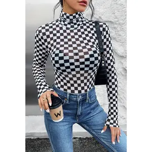 Black Checkered Printed Long Sleeve High Neck Bodysuit