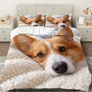 3PCS Duvet Cover Set, 1 Duvet+2 Pillowcases(Without filler), Corgi Dog Cozy Warm Cute theme, Christmas bedding set, Pet Lovers Suitable for decoration Bedroom Living Room Guest Room Dorm.