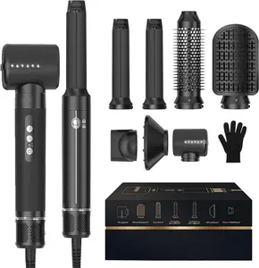 OKWRAP 7-in-1 Hair Dryer Brush Set with Air Curler, Ionic Hot Air Brush for Fast Dry, Volumize, Curls, Straight, Frizz Reduction, 100-120V, Gift for Women