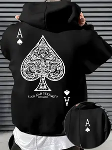 Men's Vintage Poker Hoodie, Heavy Soft Fabric, Warm and Breathable, Fall & Winter Casual Long Sleeve Loose-Fitting Pullover