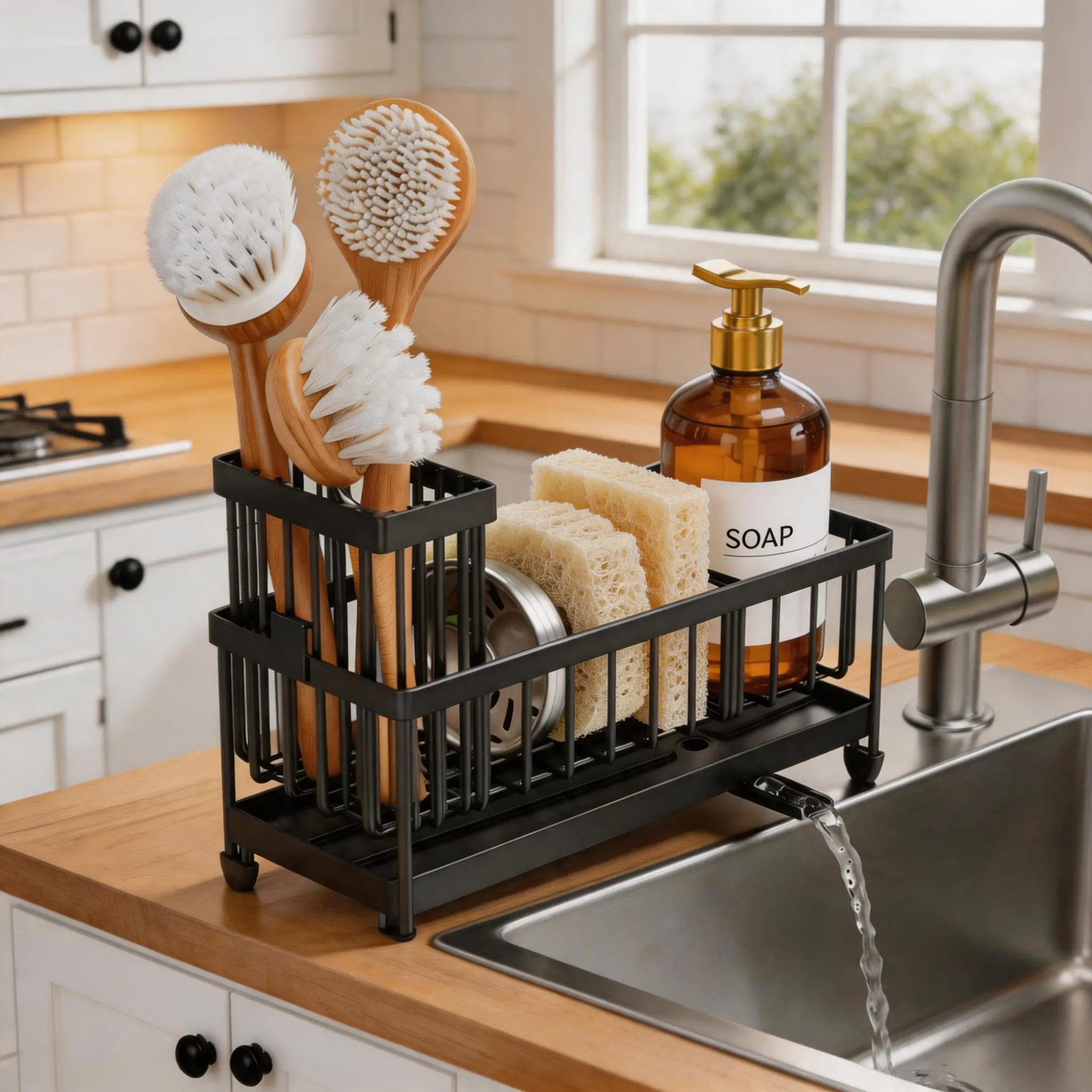 Black Kitchen Sink Sponge Holder - Corrosion-Resistant Stainless Steel Adjustable Storage Rack, Self-Draining Countertop Tray, Tall Brush Holder, Home Supplies Sink Storage Kitchen Accessories Organizer for Utensils