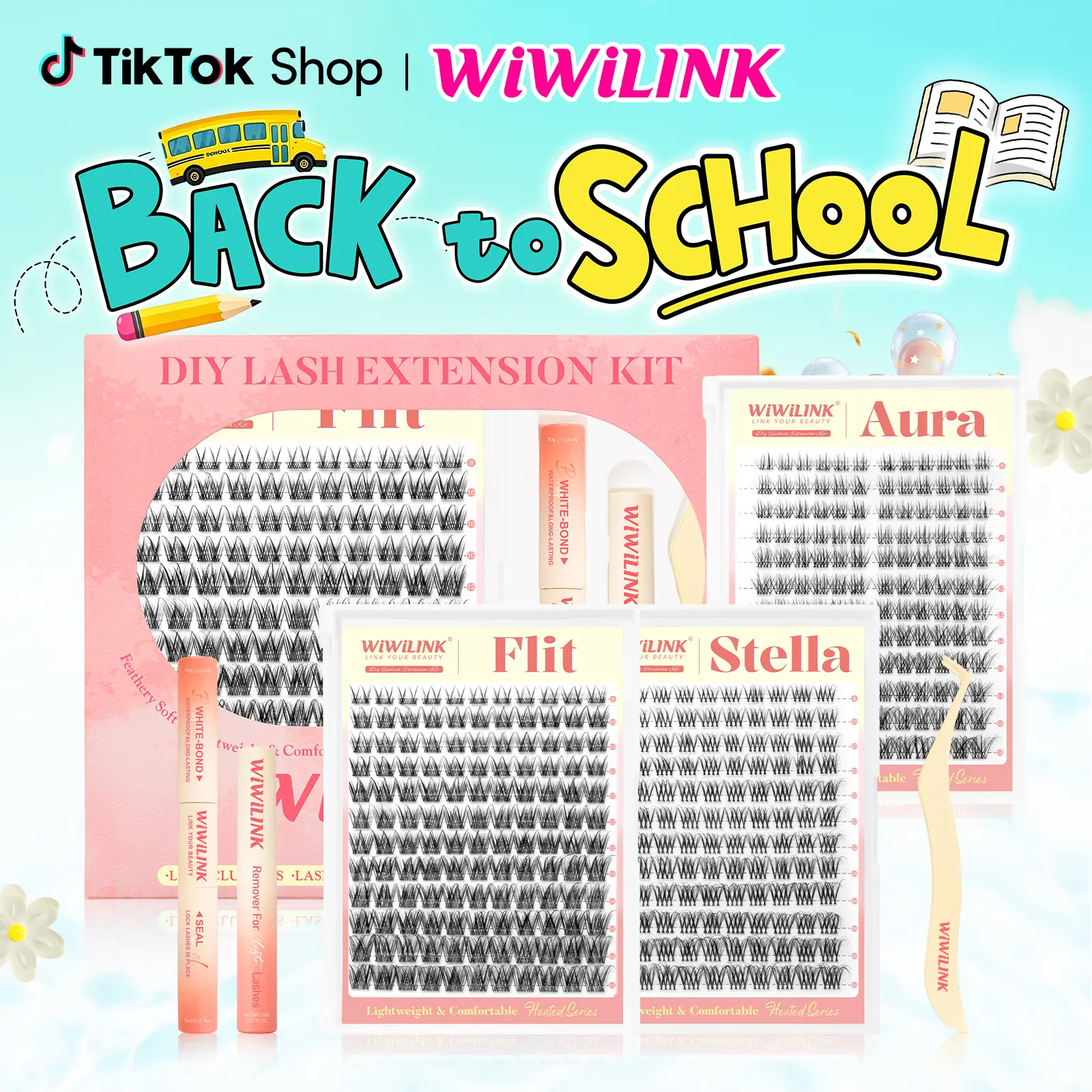 WiWiLINK Stella Flit Aura 3D Cluster Lashes Cosmetic - DIY Eyelash Extension Accessories Kit, Ultra-Thin Transparent Bands, C/D Curl, 8-16mm, Includes Bond, Seal & Remover (Lengthening Natural Lash Clusters, False Eyelashes & Adhesives), Accessories Kit F