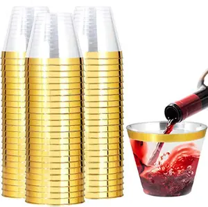 200 Pack Gold Plastic Cups, 9 Oz Elegant Clear Plastic Cups Gold Rimmed Disposable Wine Glasses Fancy Disposable Party Cups Wedding Cups Drinking Tumblers Plastic Cocktail Glasses with Gold Rim