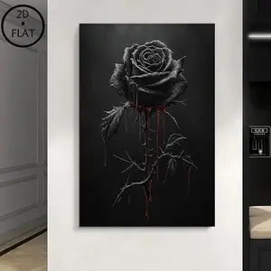 1 Piece Gothic Rose Canvas Wall Art with Wooden Frame - Black Background, Red Dripping Petals and Thorns, Rose Print, Modern Bathroom Decoration, Vintage Gothic Tapestry, Home Office Wall Art, Craftsmanship, 2D Plane, Perfect Room Decoration