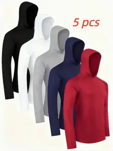 5Pcs Men's Lightweight Athletic Hoodies Long Sleeve Shirts, All-Season Rash Guards, Quick-Drying Breathable Ice-Sensitive Fabric, Moisture-Absorbing Sweat-Wicking Windproof Hooded Tops, Multi-Purpose Athletic Wear , Running, Outdoor Sports & Fitness