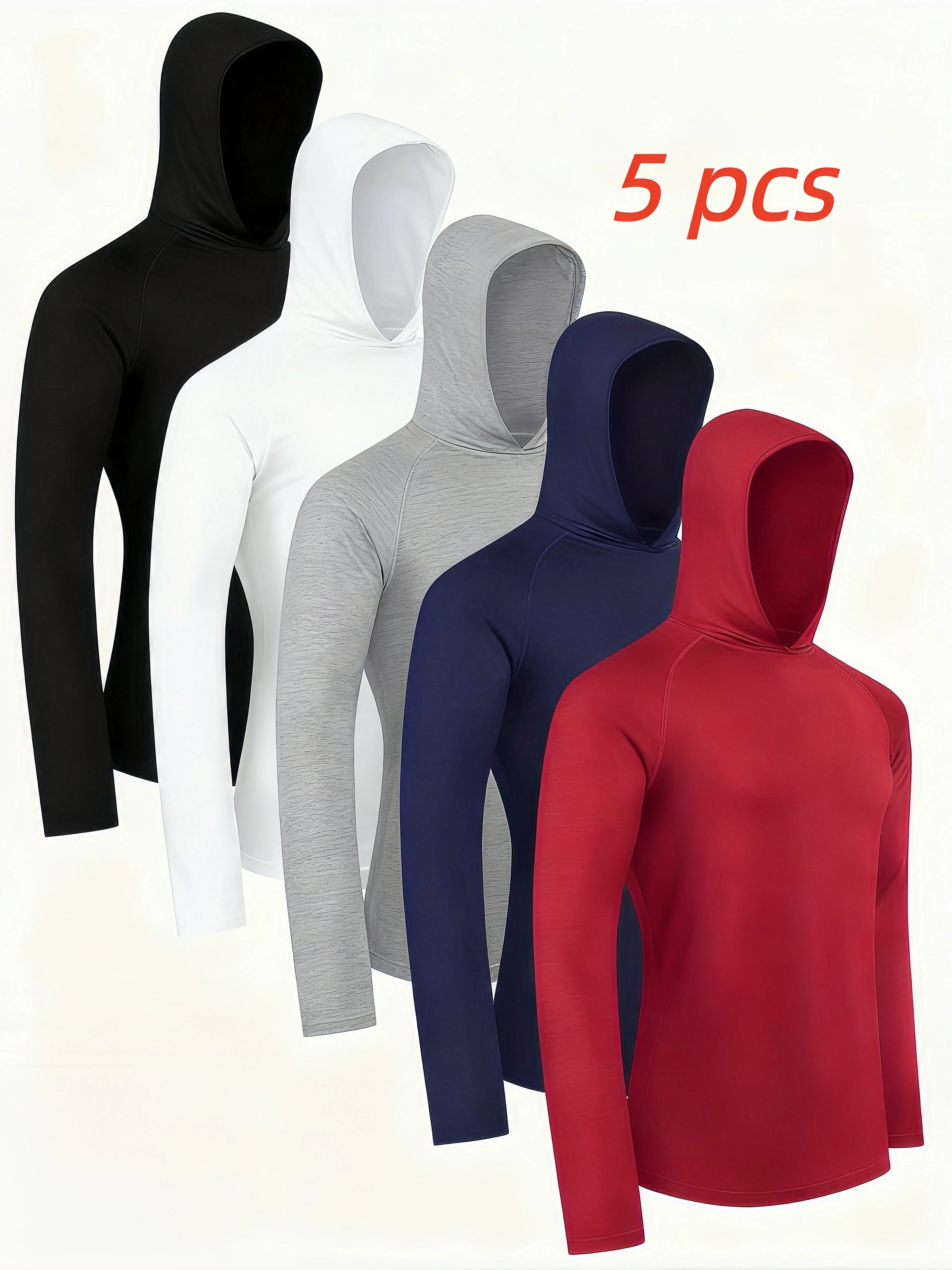 5Pcs Men's Lightweight Athletic Hoodies Long Sleeve Shirts, All-Season Rash Guards, Quick-Drying Breathable Ice-Sensitive Fabric, Moisture-Absorbing Sweat-Wicking Windproof Hooded Tops, Multi-Purpose Athletic Wear , Running, Outdoor Sports & Fitness