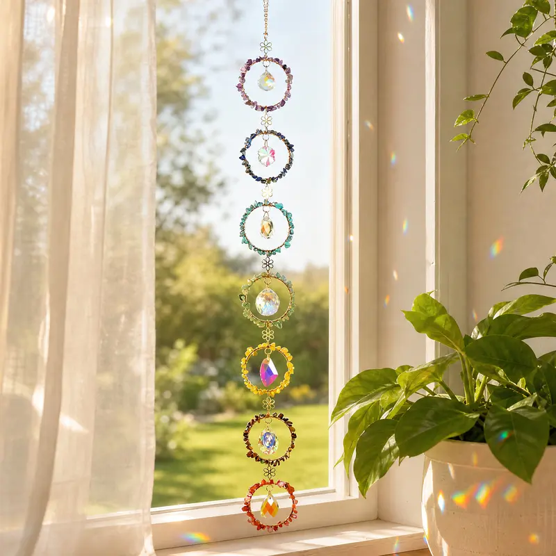 Crystal Sun Catcher, 7 Chakra Suncatchers with Colorful Stone, Handmade Rainbow Maker Whimsical Home Decor for Window Bedroom Courtyard Garden whimsical home decor