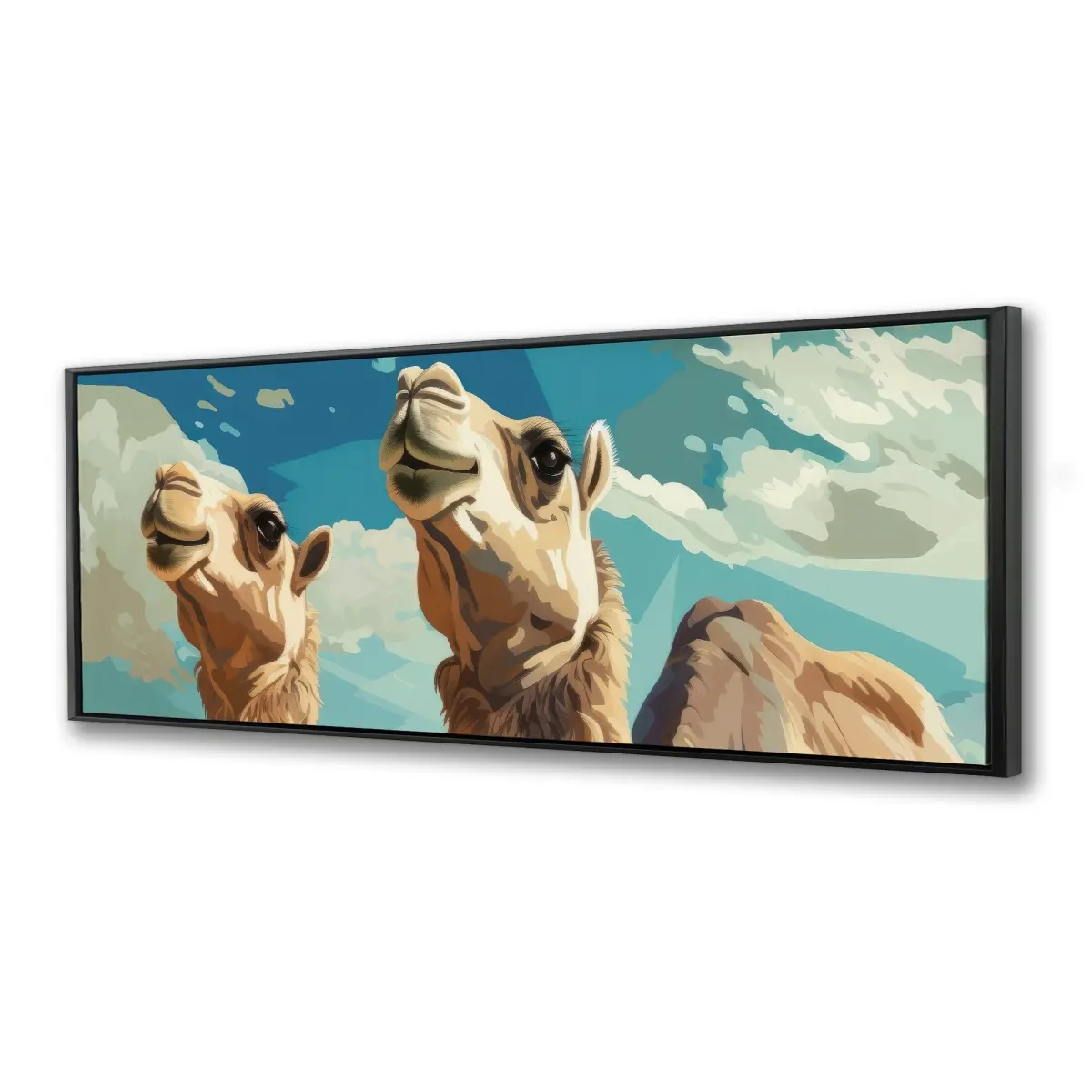 Pictorem C1FC16488RGEWX 16 x 48 in. Camels Looking Up - Beige Framed Canvas Wall Art