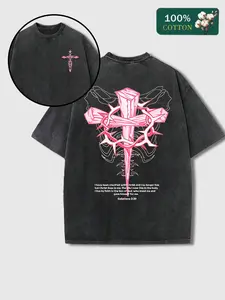 Men's Casual Streetwear Short Sleeve T-Shirt with Distressed Vintage Base and Thorns Cross Print, Comfortable Cotton Fabric for All Seasons, Perfect for Commuting and Gatherings