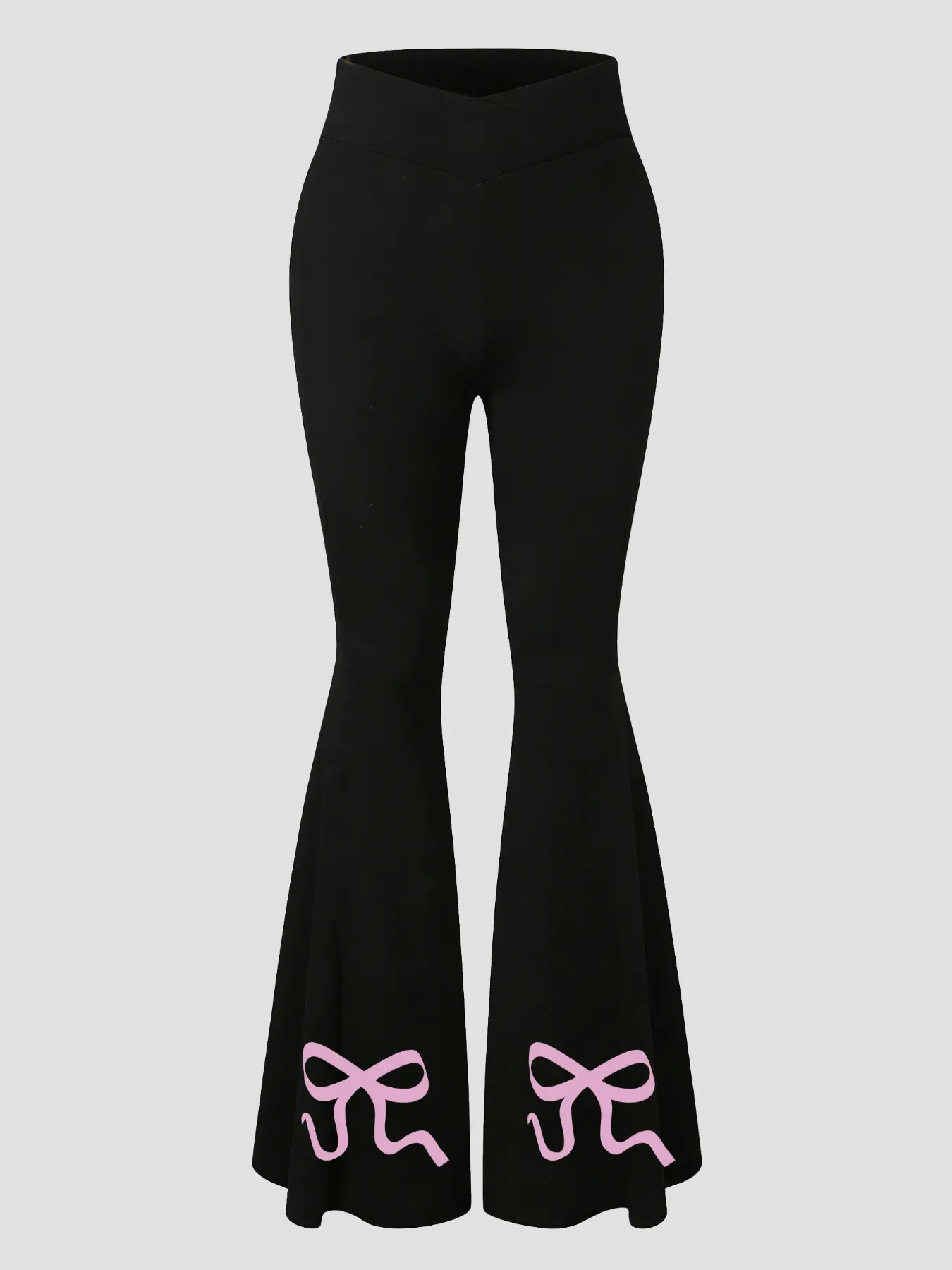 Women's fitted bootcut leggings with bowknot graphic pattern print, criss-cross waistband, flared leg design, comfortable to wear, suitable for all seasons, Chic casual, everyday pant for women