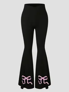 Women's leggings with a bowknot graphic pattern print, criss-cross waistband, and flared leg design.  Comfortable to wear, suitable for all seasons, and a fashionable, versatile and casual everyday pant for women.