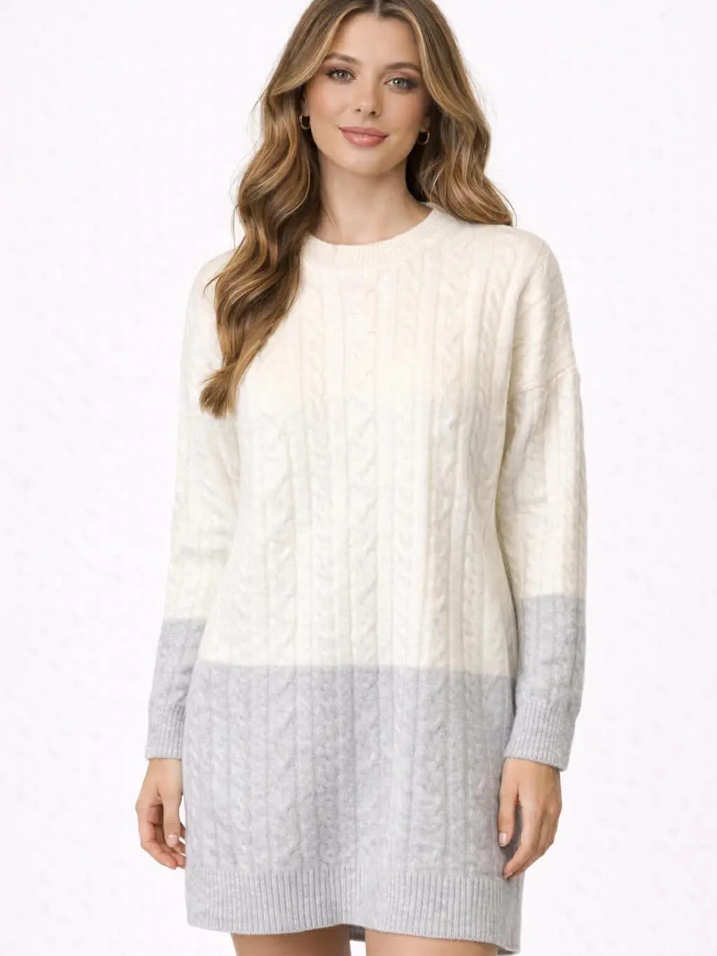 Colorblock Cable Knit Sweater Dress