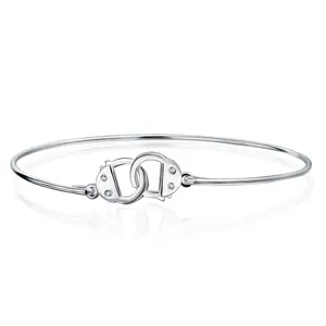 Handcuff Bangle Bracelet .925 Sterling Silver Minimalist BFF Working Lock CZ Accent