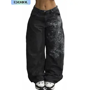 EMMIOL Women Hip Hop Baggy Jeans Wide Leg Mid-Low Waist Jeans Loose Boyfriends Jeans 90s Vintage Denim Pants casual comfy Black Womenswear
