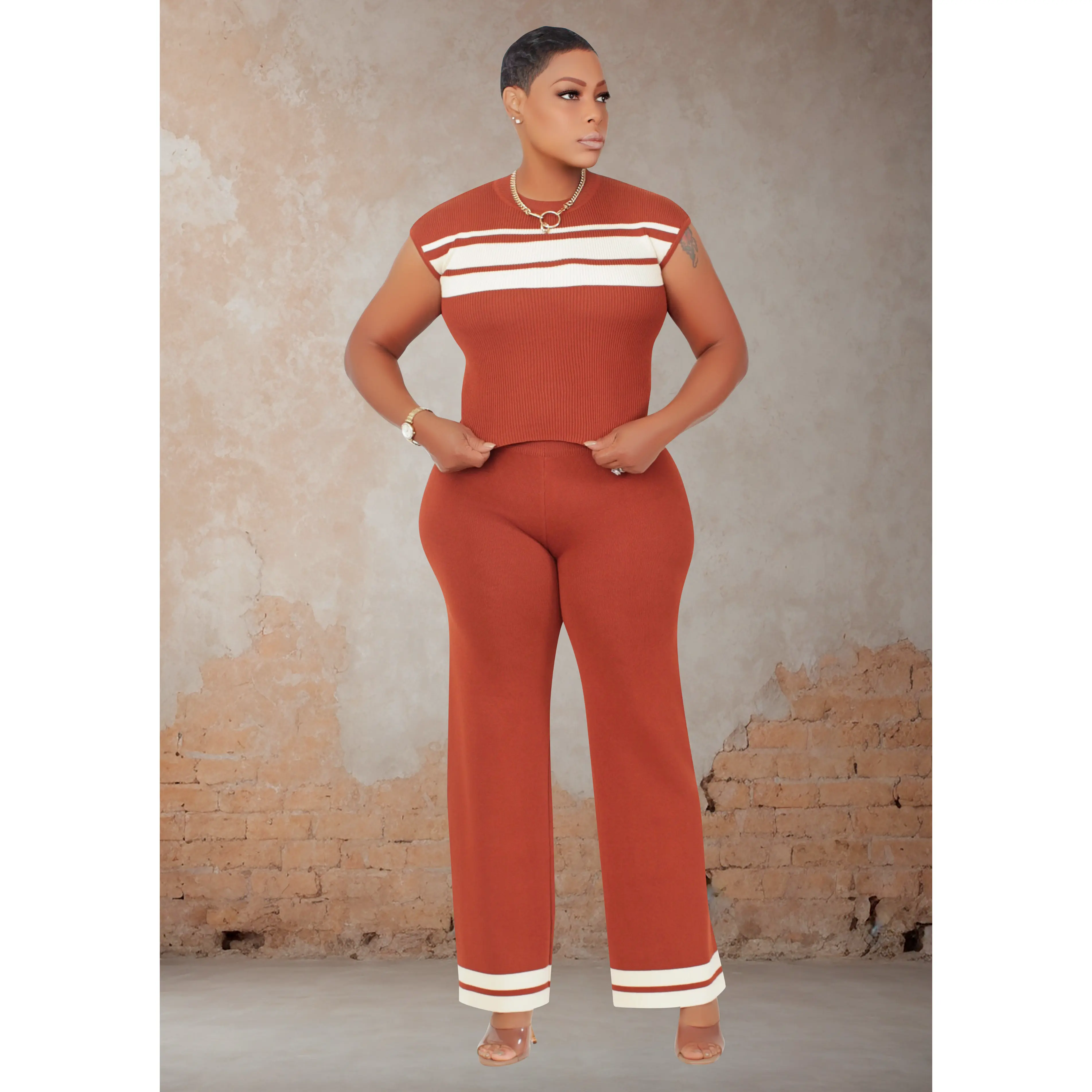 LAZY NIGHT WAFFLE KNIT PANTS SET (Brown/Beige)