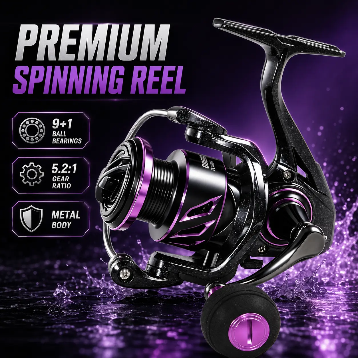 Premium Metal Spinning Fishing Reel, 9+1 Ball Bearings, 5.2:1 Gear Ratio, CNC Aluminum Spool, Left/Right Interchangeable Handle, Smooth Freshwater & Light Saltwater Reel, Sizes 1000–3000