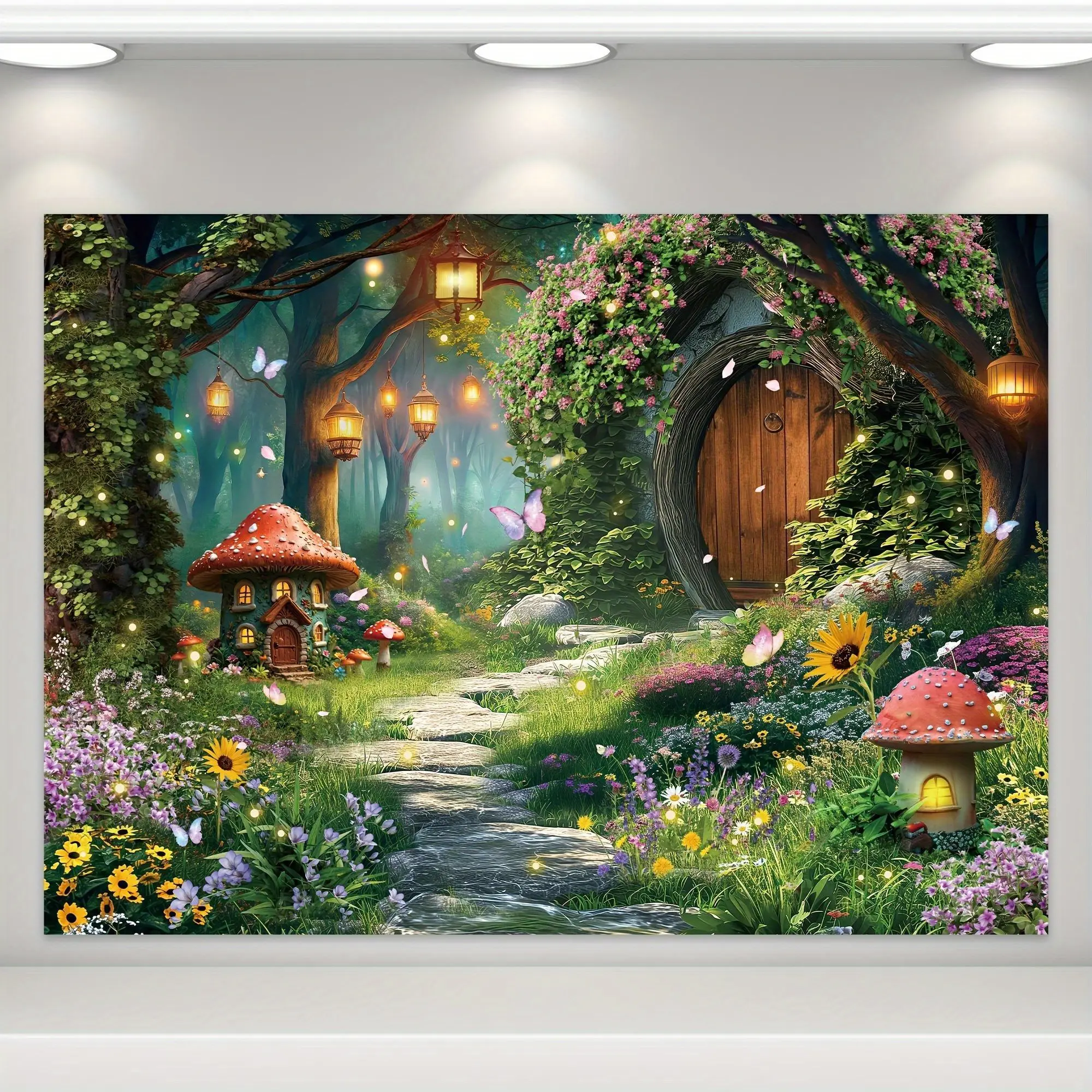 [Fairy Tale Tapestry Decor] Enchanted Garden Fairy Tale Tapestry - 2D Flat Magical Forest Mushroom & Floral Scene with Lanterns, Butterflies, and Cozy Cottage for Birthday, Christmas, Halloween Photography Backdrop & Party Decor, Fairy Garden Decorations