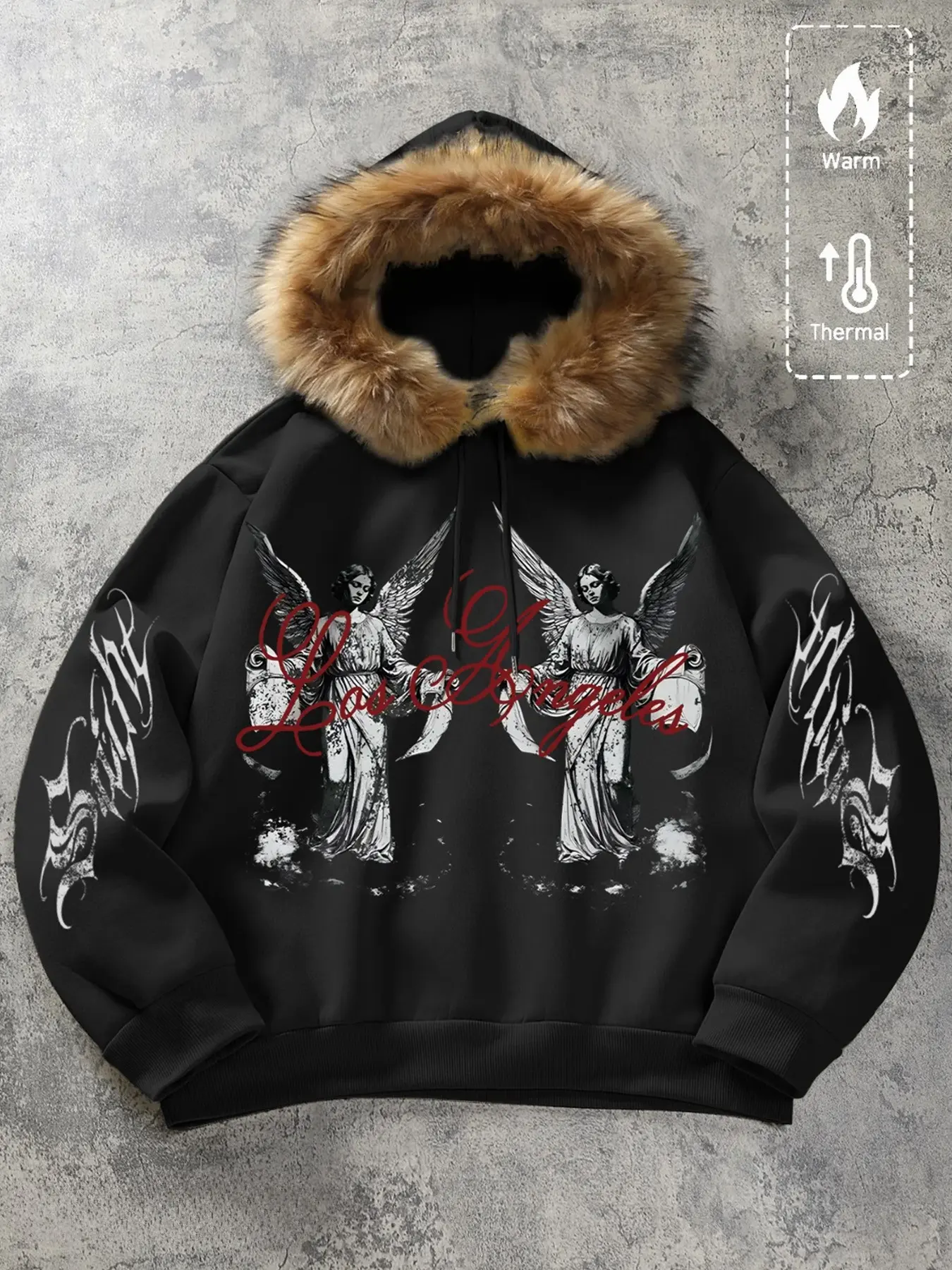 Men's Oversized Fallen Angel Graphic Long Sleeve Hoodie with Detachable Faux Fur Trim | Heavyweight Thermal Fleece Streetwear Pullover | Trendy Winter Dark Aesthetic Outfit for Outdoor & Casual Wear Sweatshirts