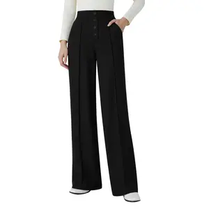 JEKAOYI High Waisted Straight Leg Pants for Women with Multiple Decorative Buttons, Stretchy Yoga Fabric, Pockets, Loose Casual Lounge Pants