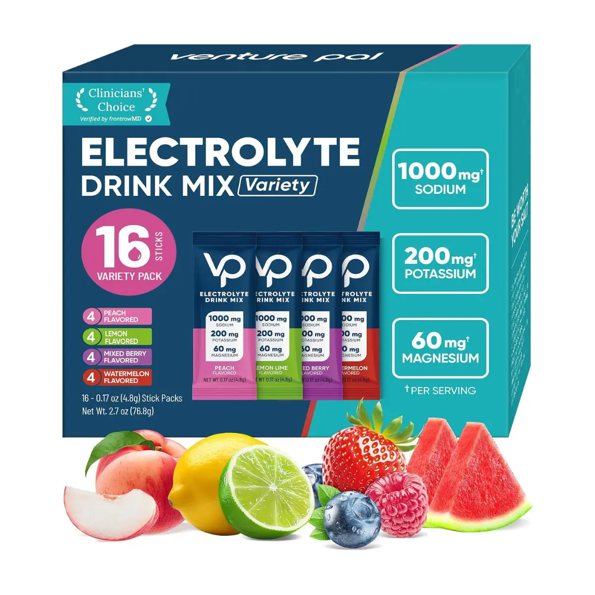 Venture Pal High Sodium Sugar-Free Electrolytes Powder Packets, 16 Sticks | Hydration Packets with Sodium, Potassium & Magnesium, Zero Calories, Keto, Vegan, and Paleo Friendly