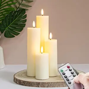 Flickering Flameless Pillar Candles with Remote Control and Cycle Timer, Pack of 4  Operated( by 2AA) LED Real Wax Tall  -Wick Electric Candles(D 2.2" x H 4",6",8",10")