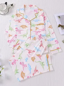 2-piece women's set featuring T-Rex, giraffe, stegosaurus, and triceratops prints, long-sleeve top, long pants with small pockets, soft, comfortable, skin-friendly, smooth fabric, elastic waistband for all seasons, casual loungewear, sleepwear, Pajamas