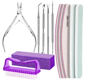 FANDAMEI Manicure and Pedicure Tools Kit, Manicure Kit, Nail Files 100/180, Nail Buffer Block, Nail Cuticle Nippers, Cuticle Pusher, Cuticle Peeler, Ingrown Toenail Tool, Toenail File, Purple