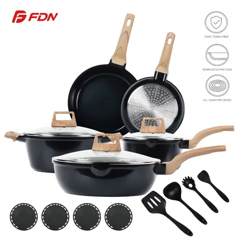 FDN 16pc Nonstick Titanium-Reinforced Ceramic Cookware Set, Non-Toxic PFAS-Free Pots and Pans Set with Glass Lids, Induction Kitchen Essentials for New Home, Includes Pasta Server & Silicone Tools, Easy Clean Aluminium Frying Pan, DealsForYouDays
