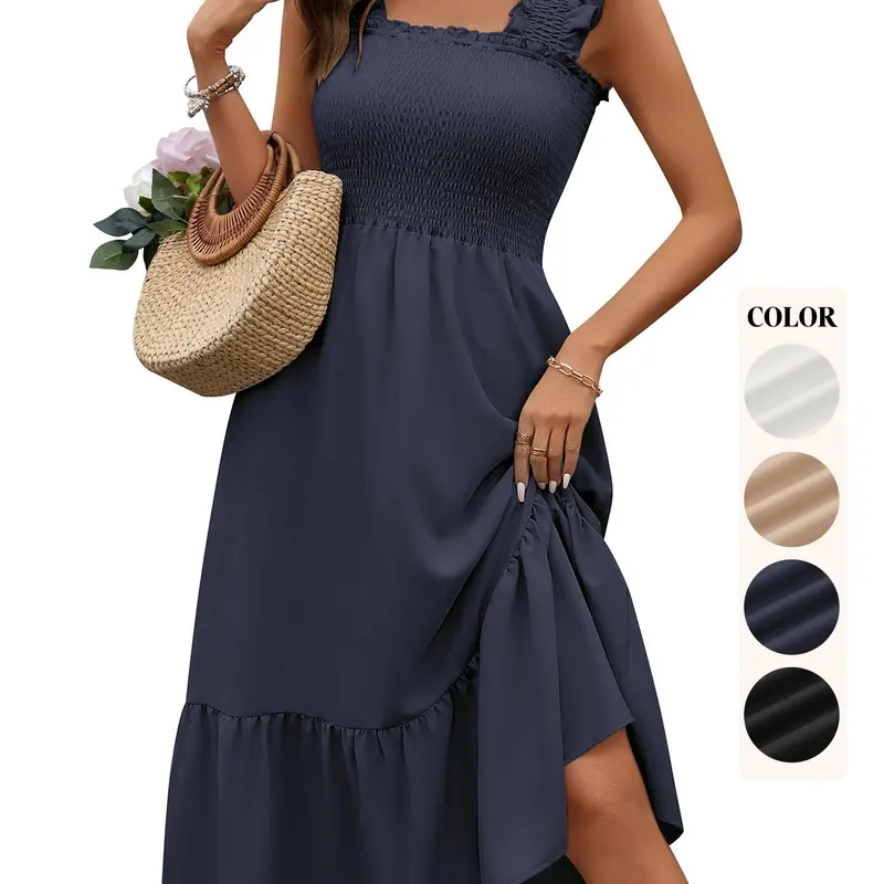 HEEKPEK Women's Bohemian Romantic Minimalist Smocked Maxi Dress - Square Neck, Spaghetti Strap, Sleeveless, Flowy A-Line Ruffle, Breezy Holiday Lady's Summer Beach Casual Gown, Long Dresses for Women