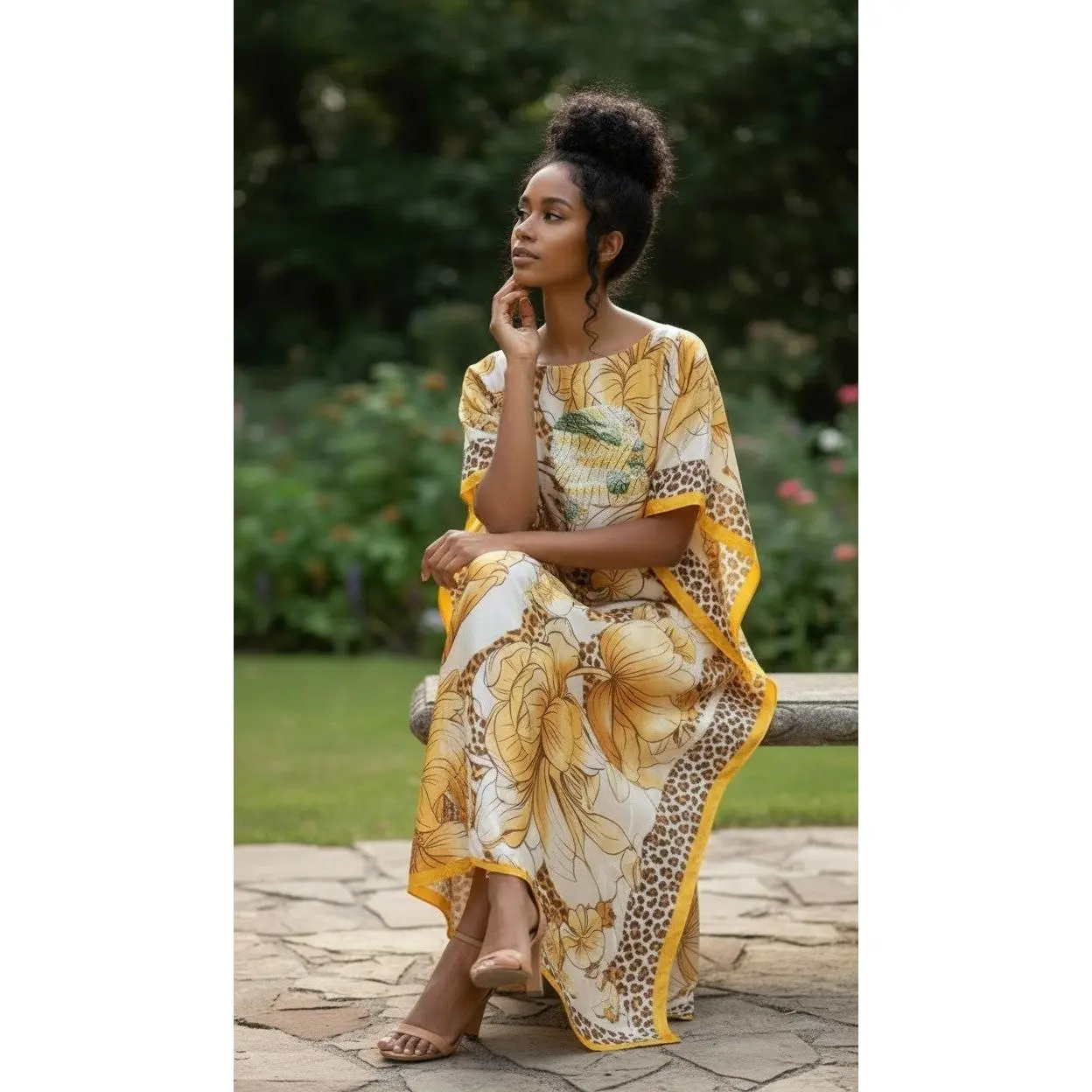 Sequin Afro-Girl Kaftan Dress with Scarf – Flowy Vacation Maxi Dress