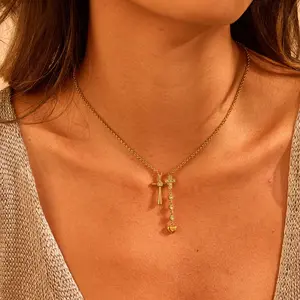 Y Drop Double Cross Heart Pendant Necklace for Women, Dainty Crystal Inlaid Cable Chain Collarbone Jewelry, Minimalist Elegant Stackable Delicate Daily Dating Layering Accessory Gift