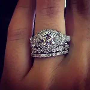 3-Piece Luxury Stacked Ring Set - Bridal Sets with Bling Cubic Zirconia, Elegant Halo Design, Lustrous Silvery, Rose Golden, and Yellow Golden Finishes, Perfect for Engagement and Wedding Jewelry