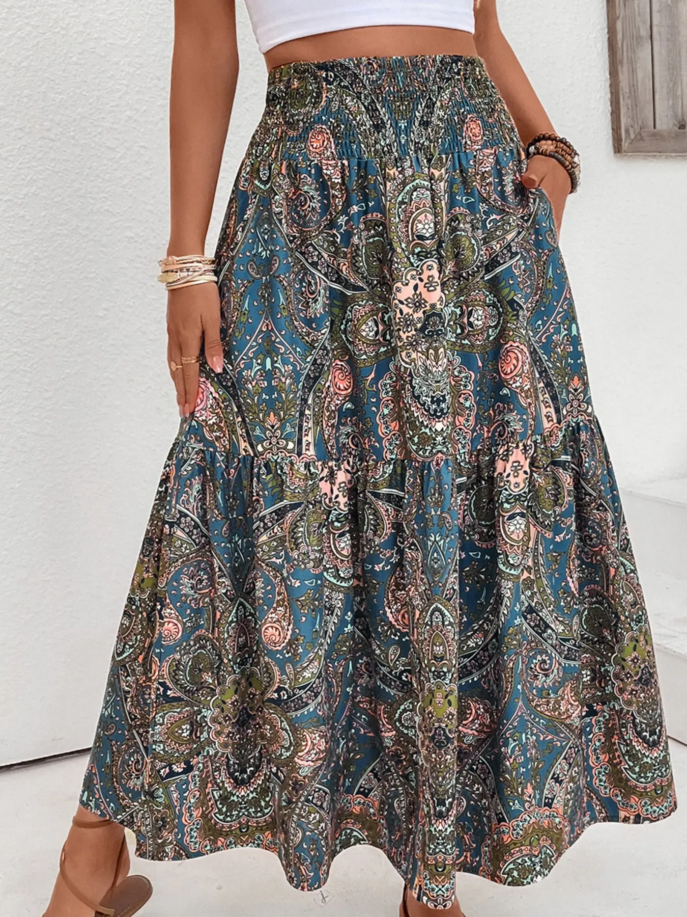 Women's High Waist Paisley Pattern Skirt, New Beach Dress, Slimming A-Line Skirt, Casual Holiday Style, Long Loose-Fitting Skirt