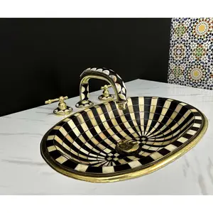 Brass Widespread Tap and Drop-In Sink with Black Resin and Bone Inlay