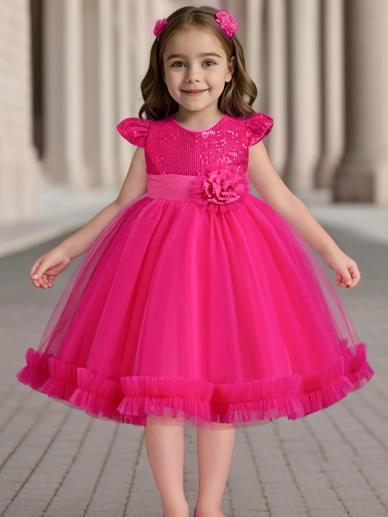 Girl's Contrast Sequin Bow Decor Frill Trim Tulle Dress, Cute Cap Sleeve Round Neck Midi Dress for Party, Kids Clothes for All Seasons