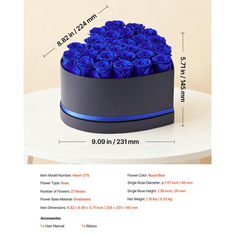 VEVOR Forever Flowers, 27 Preserved Roses in a Heart Shape Box, Eternal Flowers Immortal Bouquet Birthday Present for Women Her Wife Mothers, Anniversary, Valentine's Day,Christmas, Royal Blue