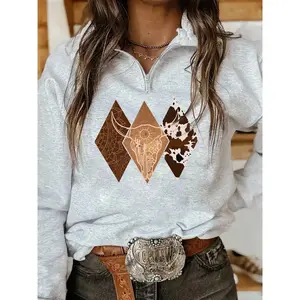 Women's Casual Long Sleeve Sweatshirt, Rhombic Pattern Cow Print Half Zip Fitted Pullover, Comfortable Spring & Fall Fashion Womenswear