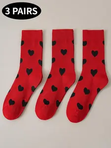 3 Pairs of Happy Girls Heart Print & Solid Color Mid-Calf Socks Comfortable and breathable, perfect for everyday wear, Valentine's Day, or as couple socks.