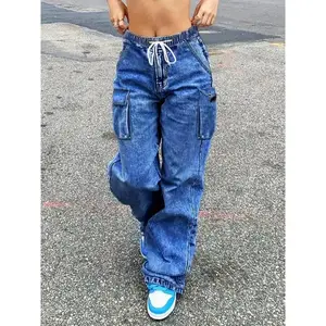 Trendy Mid-Rise Cargo Jeans - Elastic Waist, Stretch Wide-Leg Denim Pants with Multiple Pockets, Baggy Streetwear Style, Y2K-Inspired Fashion, Comfortable and Versatile for Everyday Wear