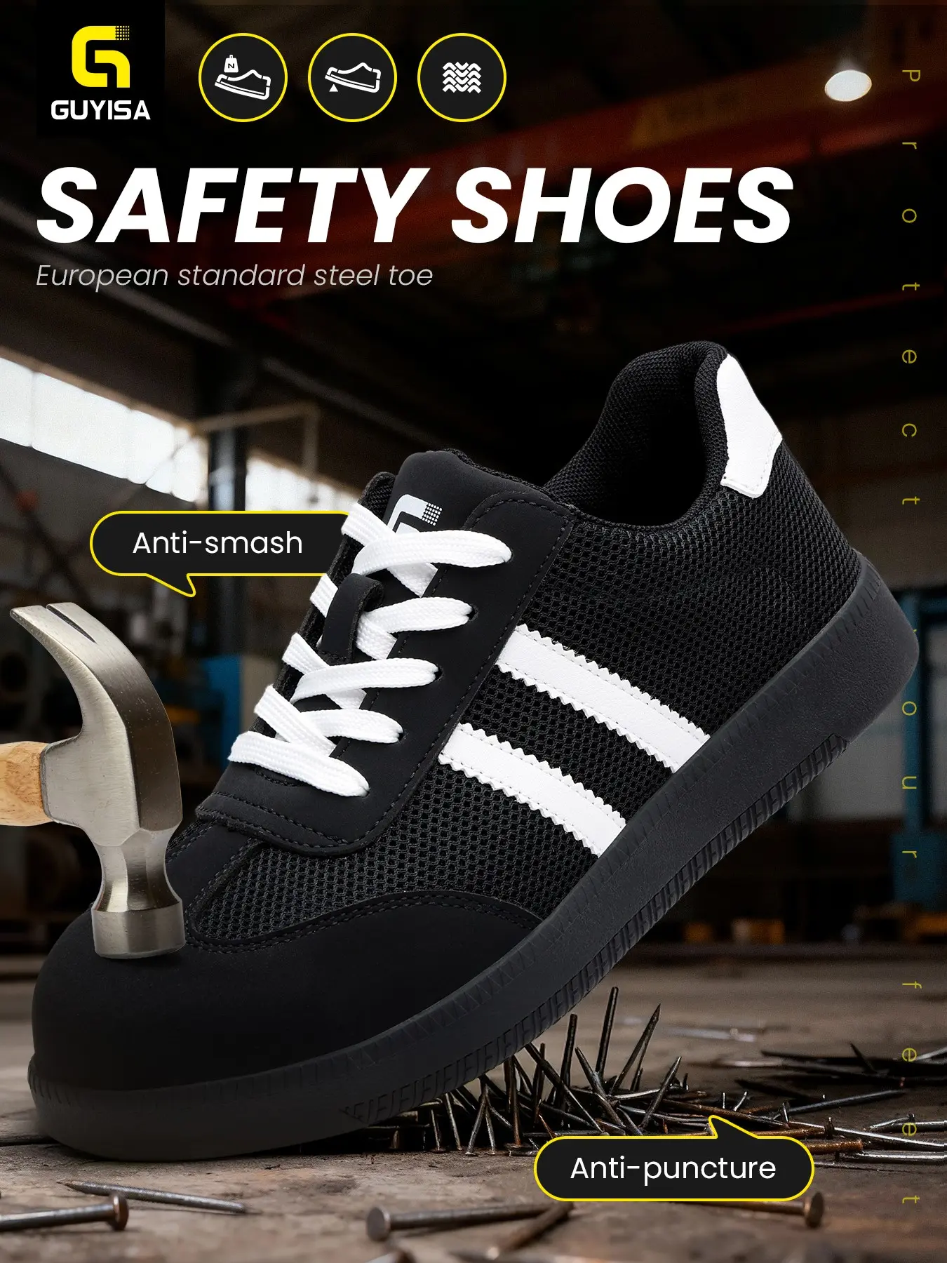 Women's Flat Safety Shoes, Casual Lightweight Steel Toe Footwear, Anti-Smashing, Soft Anti-Puncture Midsole, Durable Rubber Sole, Breathable Mesh Fabric, Puncture Proof Shoes