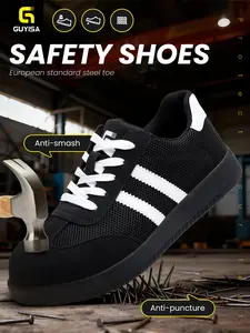 Women's Flat Safety Shoes, Casual Lightweight Steel Toe Anti-Stamping, Soft Anti-Puncture Midsole, Durable Rubber Sole, Breathable Mesh Patchwork Fabric