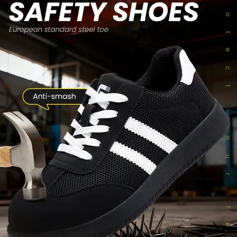 Women's Flat Safety Shoes, Casual Lightweight Steel Toe Footwear, Anti-Smashing, Soft Anti-Puncture Midsole, Durable Rubber Sole, Breathable Mesh Fabric, Puncture Proof Shoes