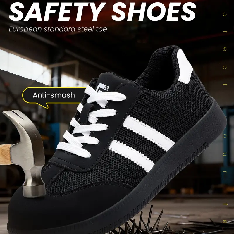 Women's Flat Safety Shoes, Casual Lightweight Steel Toe Footwear, Anti-Smashing, Soft Anti-Puncture Midsole, Durable Rubber Sole, Breathable Mesh Fabric, Puncture Proof Shoes